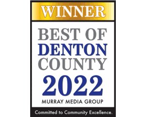 An award badge for "Winner Best of Denton County 2022" by Murray Media Group, with a gold banner and black border