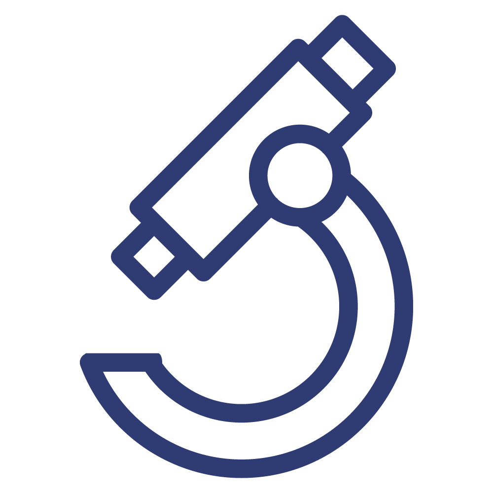 Simple blue line drawing of a microscope on a white background.