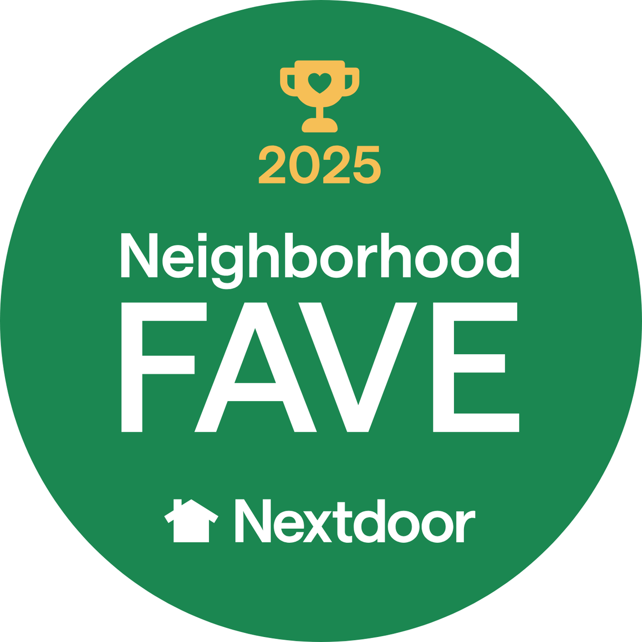 Green circular badge with a gold trophy icon, "2023 Neighborhood FAVE," and "Nextdoor" at the bottom.