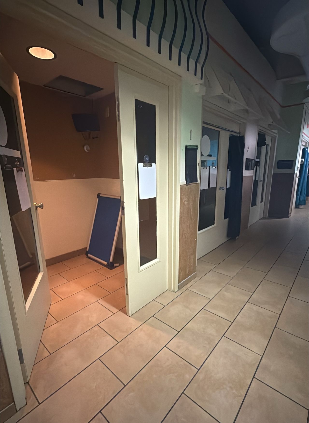 Hallway of a pet boarding facility showing private dog boarding suites with glass-paneled doors and cots