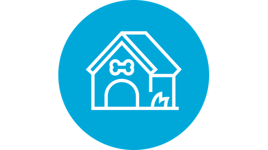 Icon of a doghouse with a bone above the door, set in a blue circle.