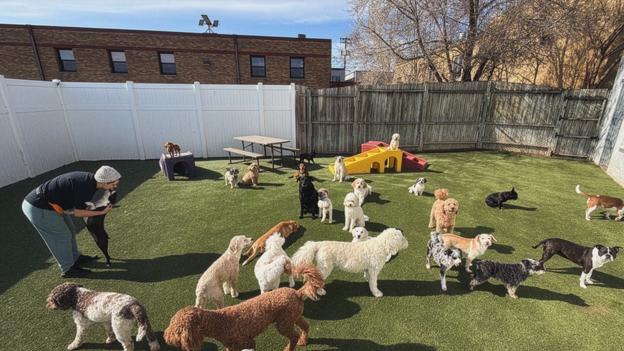 A group of dogs of various breeds plays in a fenced outdoor area with a person interacting with them and agility equipment in the background.