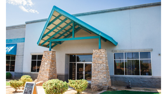 Deer Creek Animal Hospital Modern building entrance with a teal, triangular roof supported by stone pillars, large windows, and manicured shrubs in the foreground.