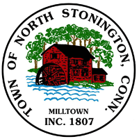 Seal of North Stonington, Conn., featuring a red mill with a waterwheel, trees, and water. Text reads "Milltown Inc. 1807."