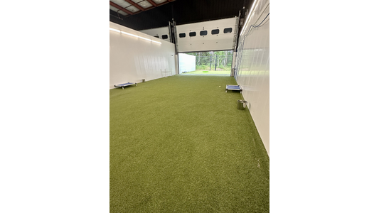 Indoor space pet play space with artificial grass flooring, raised dog beds along the walls, a metal bucket, and an open garage door revealing trees outside.