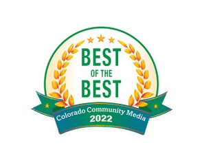 "Best of the Best 2022" award badge from Colorado Community Media, featuring a laurel wreath design and green banner.