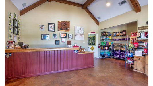 Rover Resort reception area with a wooden counter, shelves stocked with pet food, and various framed pictures on the wall.