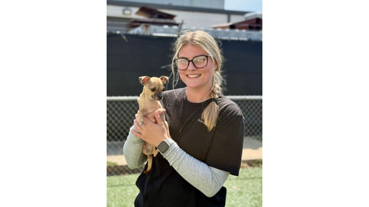 Becca -Lead Animal Care Attendant holding a small tan dog, standing in a sunny outdoor area with a chain-link fence in the background.
