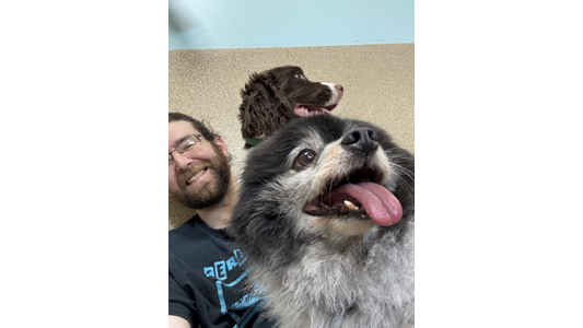 Ruff Housing Witt Street Staff Member Luke holding two playful dogs, one fluffy black and gray with tongue out in front, and a brown and white one in the background.