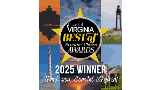 "Coastal Virginia Magazine Best of Readers' Choice Awards 2025 Winner badge with thank you note against a collage of scenic landmarks."