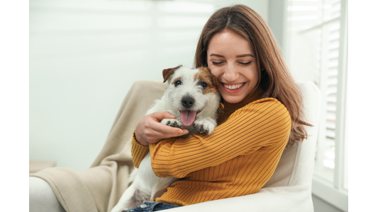 A woman in a mustard sweater hugs a happy, small white and brown dog while sitting on a cozy chair by a window.