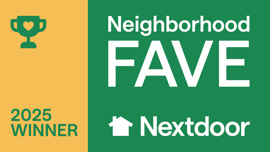 "Nextdoor 2025 Neighborhood Fave winner badge with trophy icon and house logo on green and yellow background."