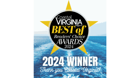Seal with "Coastal Virginia Magazine Best of Readers’ Choice Awards 2024" on ocean background. Text: "2024 Winner, Thank you Coastal Virginia!"
