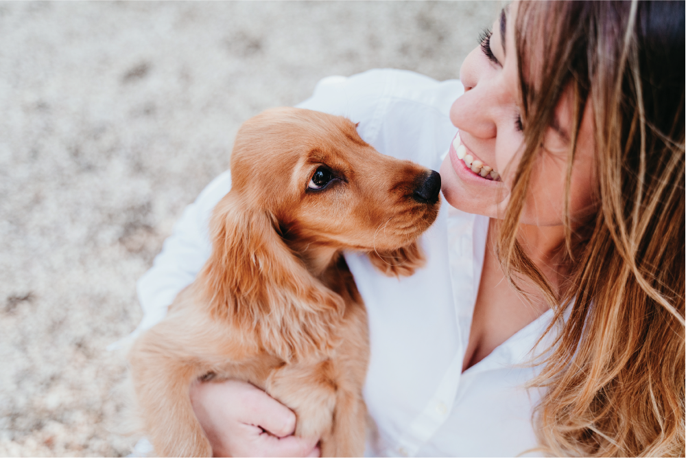 A smiling woman holds and gazes lovingly at a golden retriever puppy.