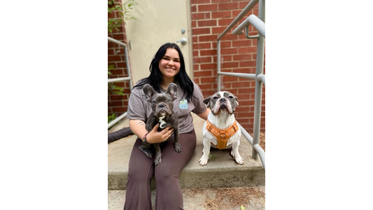 Chesley -Assistant Manager smiling with two French bulldogs; one is gray, the other is white with brown patches, wearing an orange harness.