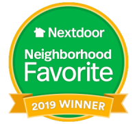 Green and yellow badge reading "Nextdoor Neighborhood Favorite 2019 Winner" with a house icon.