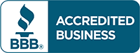 BBB Accredited Business logo, featuring a blue torch symbol and bold white text on a rectangular blue background.