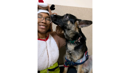 Ruff Housing Witt Street Animal Care Attendant Taylor sitting next to a German Shepherd in a jacket, who is nuzzling their face affectionately.