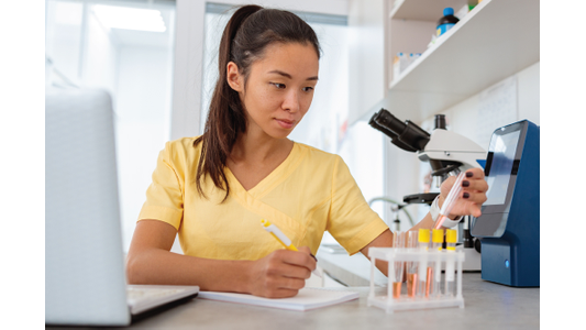 Woman running diagnostics.