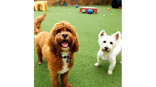 Two dogs, a curly brown one and a small white one, stand on green grass. They are surrounded by scattered colorful balls and small play structures.