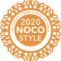 Orange circular badge reading "2020 NOCO Style Reader's Choice Best of NOCO," with a pattern of human silhouettes around the edge.