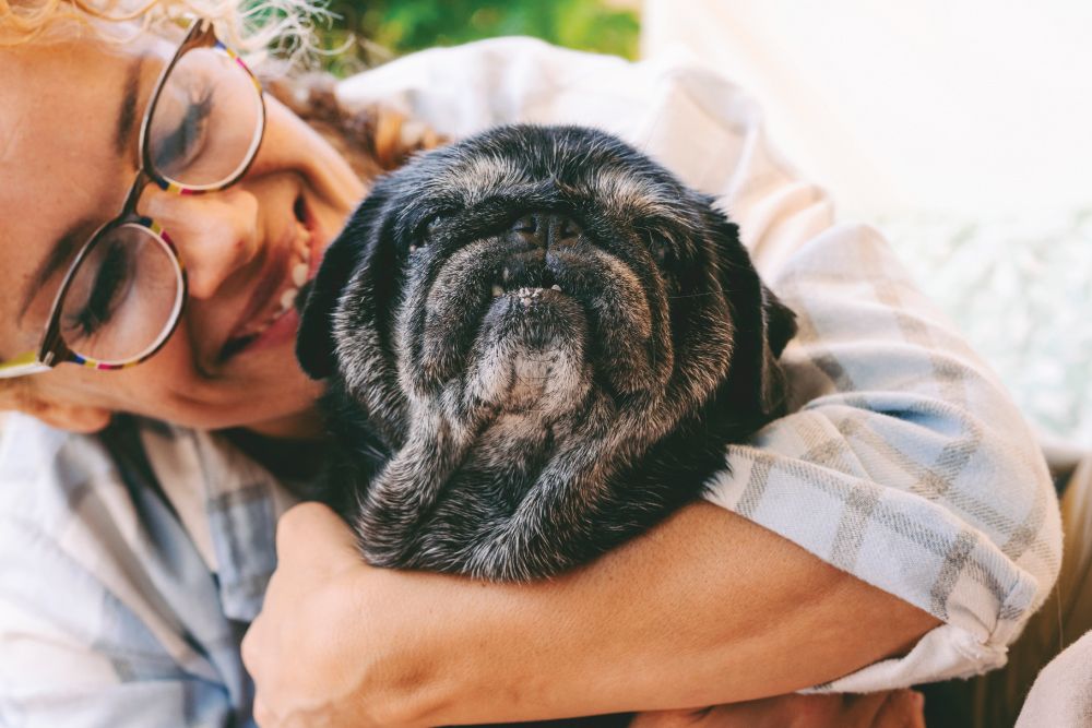 A woman with glasses happily embraces a content black pug with a graying muzzle.