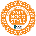 Orange and white circular badge reading "2019 NOCO STYLE Readers Choice Best of NOCO," with OCR information at the bottom.