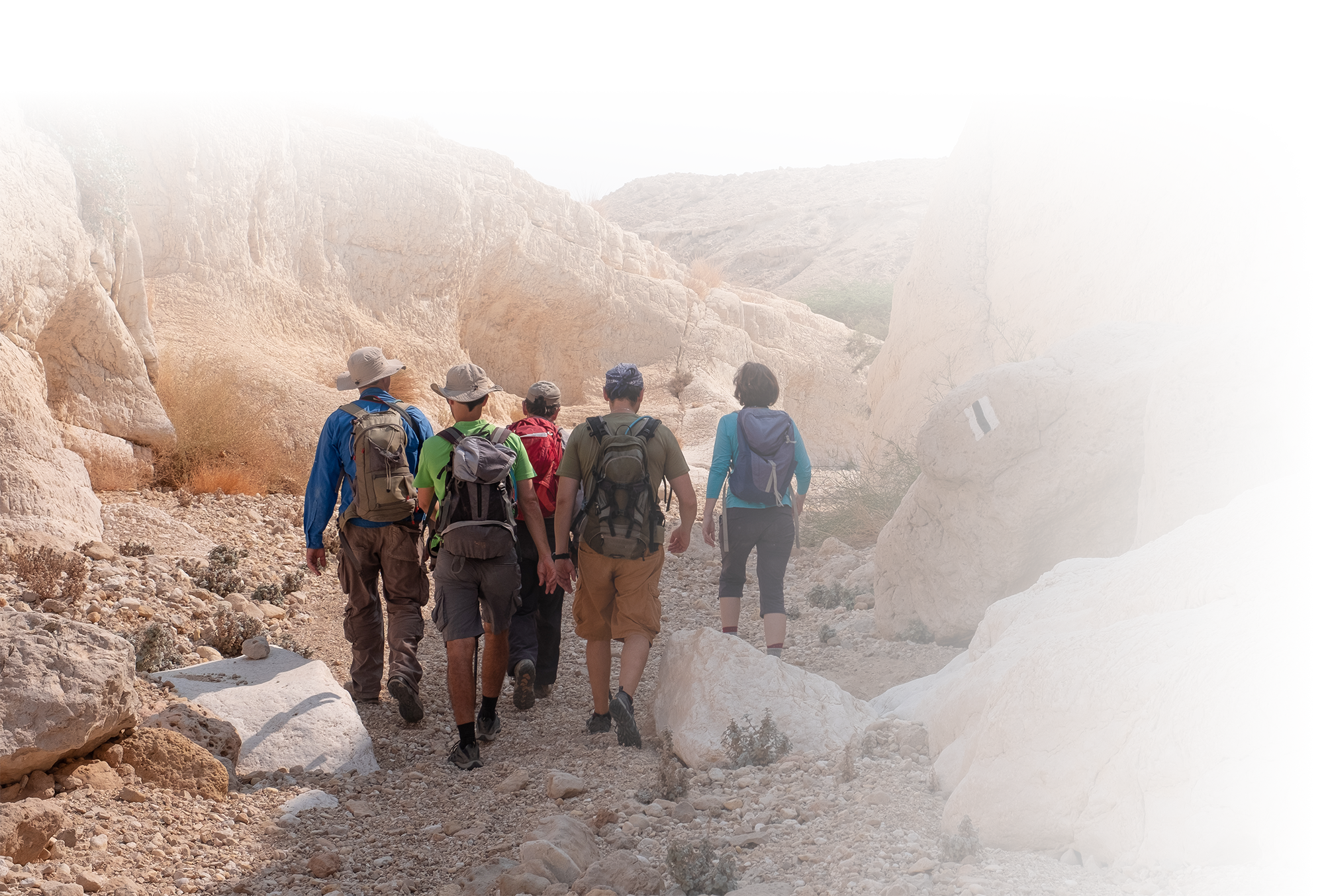 Students hiking together through a desert canyon in Israel