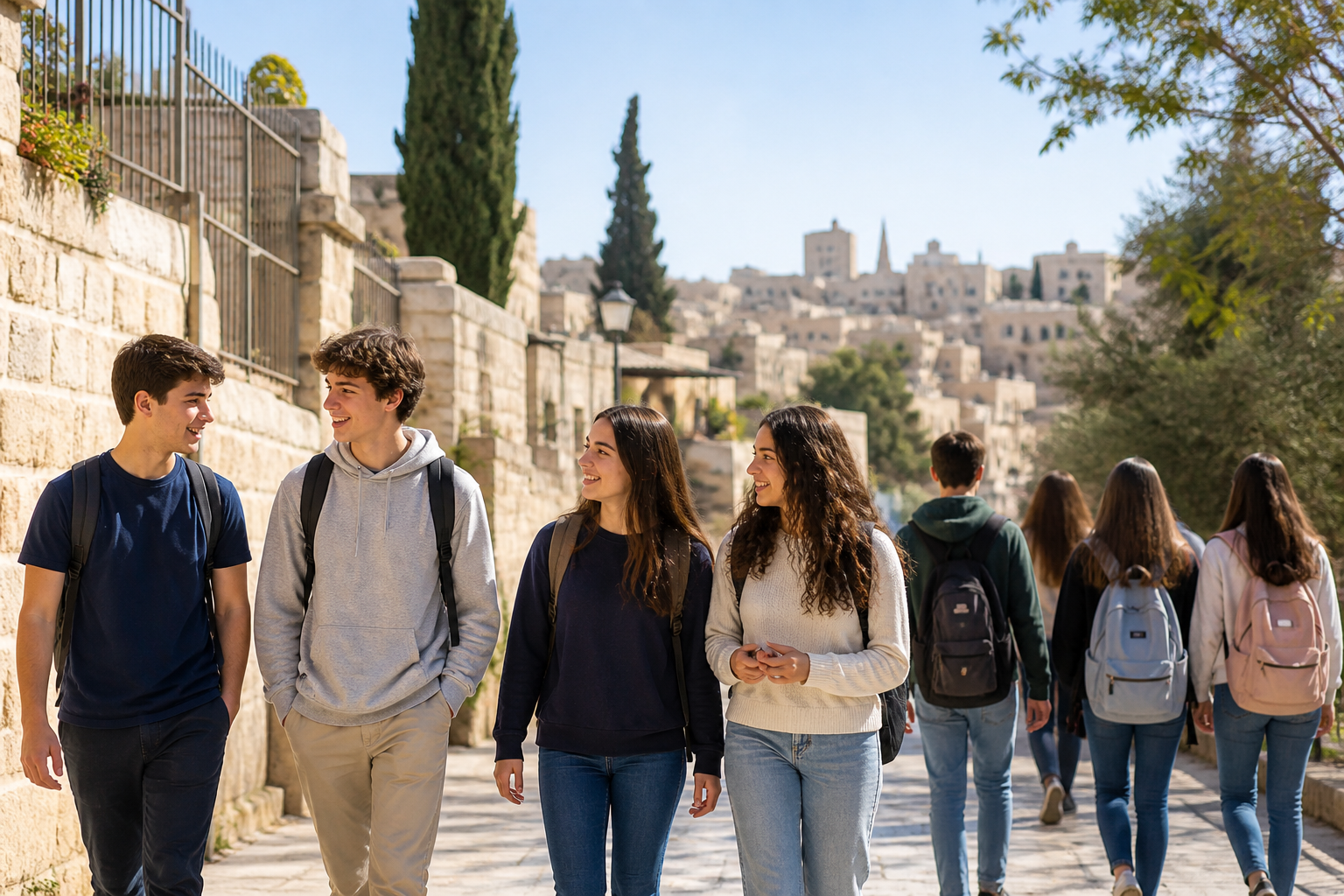 Students walking together down a stone path in Jerusalem