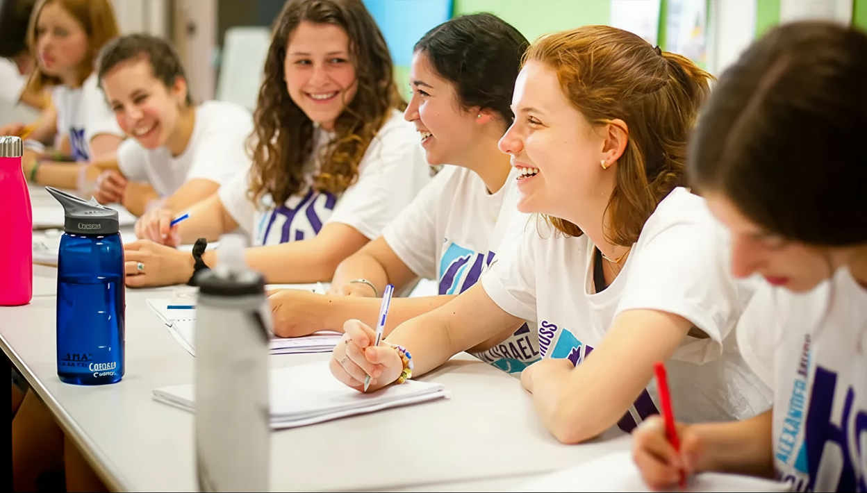 Students smiling and writing notes together in a classroom
