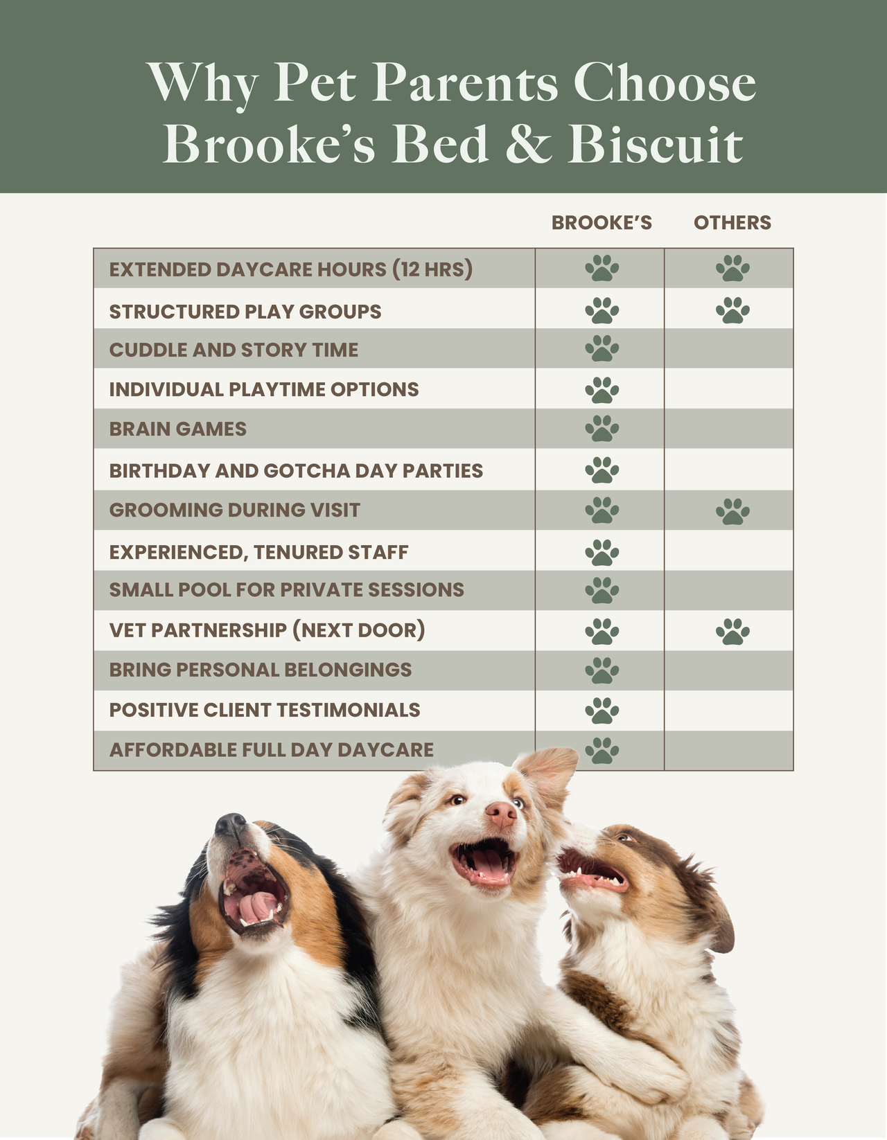 A comparison chart titled "Why Pet Parents Choose Brooke's Bed & Biscuit," highlighting services like extended daycare hours, structured play groups, and cuddle time, with three happy dogs pictured at the bottom