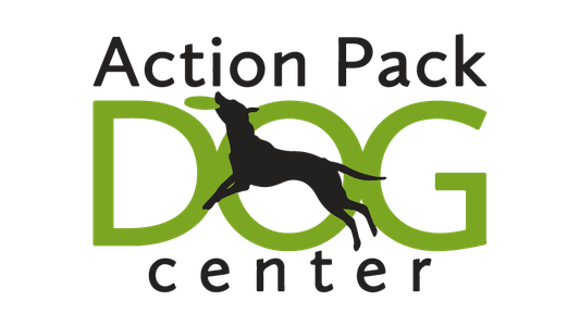 Action Pack Dog Center logo featuring a silhouette of a jumping dog.