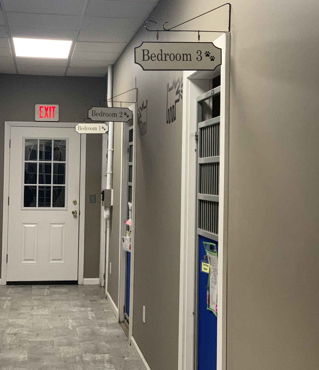A hallway in a pet boarding facility lined with dog suites on the right, each marked with a hanging sign reading "Bedroom 1," "Bedroom 2," and "Bedroom 3," leading toward a white exit door at the end of the hall