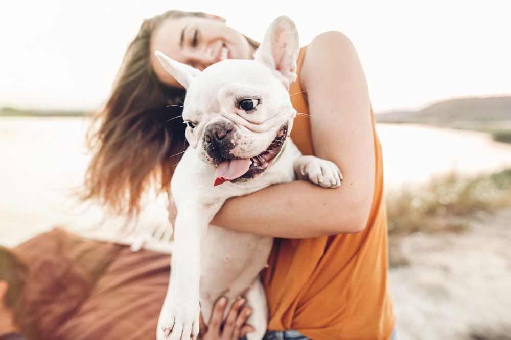 Woman smiling and hugging a happy white French Bulldog outdoors by the water at sunset