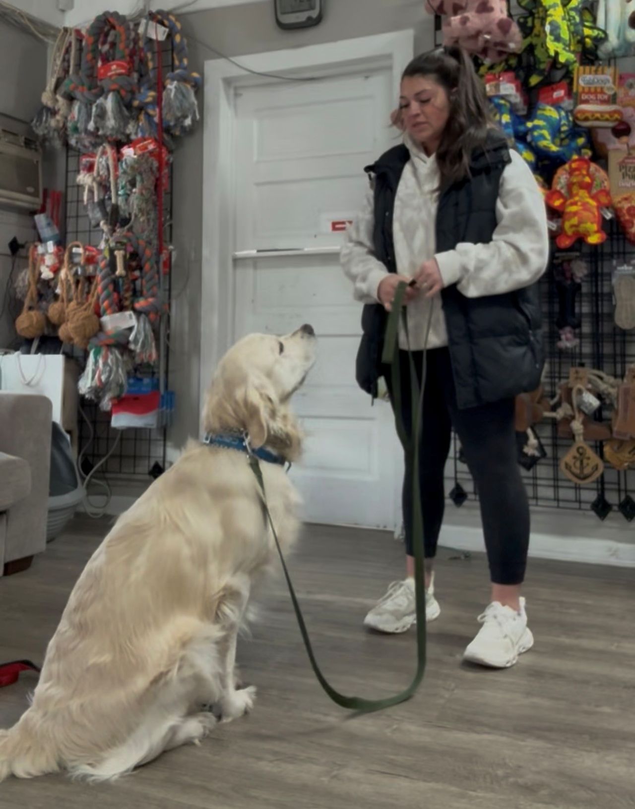 A woman holding a leash while a Golden Retriever sits attentively looking up at her inside a pet supply store with dog toys displayed on the wall in the background