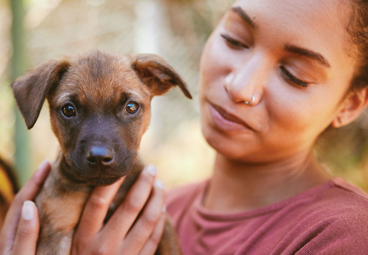 A woman gently holding a small brown puppy close while looking down at it with a warm smile