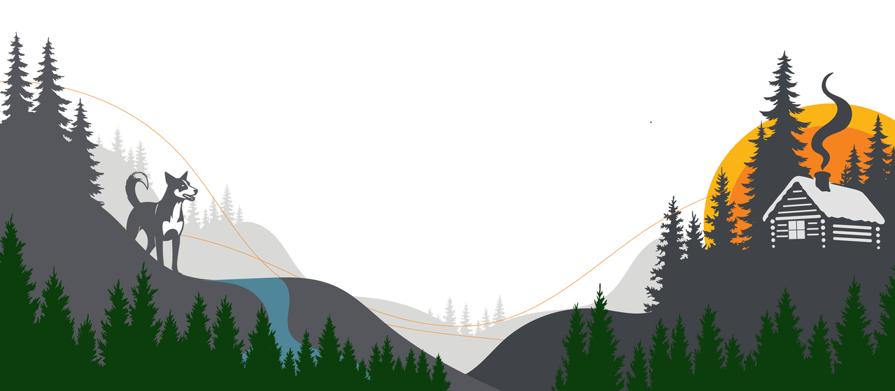 Illustrated mountain landscape featuring a dog standing on a ridge overlooking pine forests and a cozy log cabin at sunset