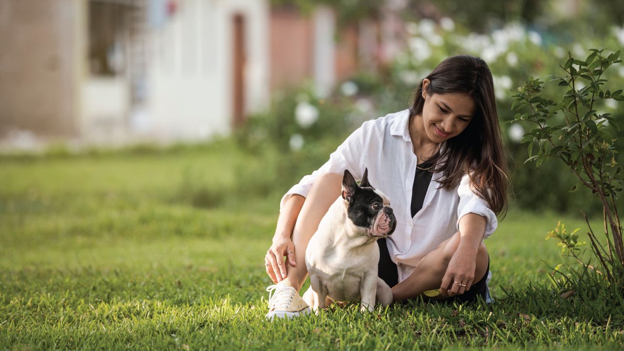 Woman sitting dog grass