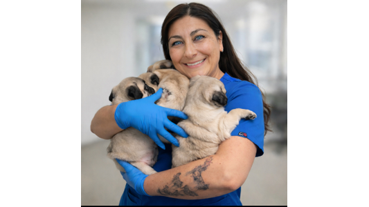 Dr. Sandra Paola Jutte - Sabal Chase Animal Clinic, Miami FL holding an armful of cute pug puppies