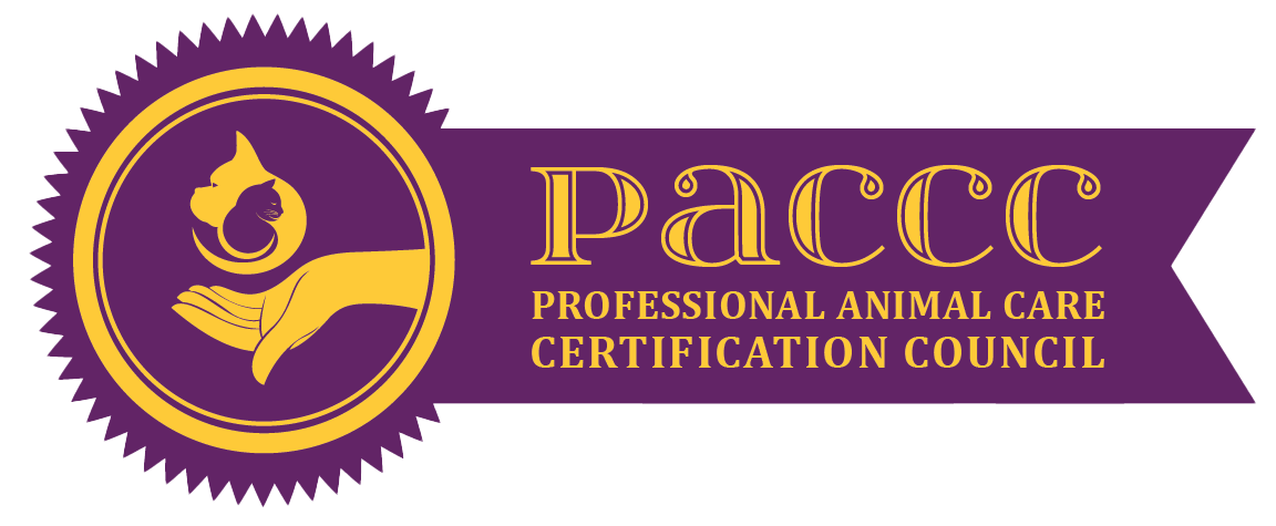 logo for the Professional Animal Care Certification Council (PACCC), featuring an emblem of a hand cradling the silhouettes of a dog and cat
