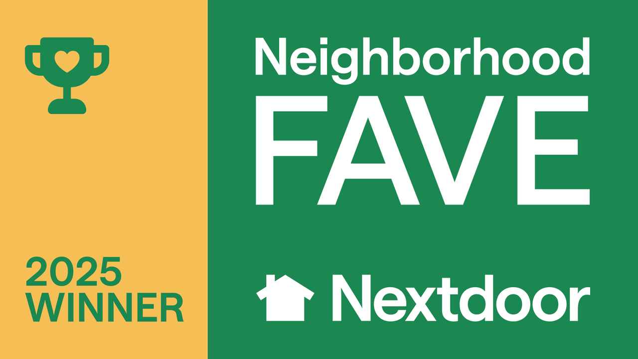 Nextdoor award graphic split into two sections: a yellow left panel featuring a green trophy icon with a heart and the text "2025 WINNER," and a green right panel displaying "Neighborhood FAVE" above the white Nextdoor logo and house icon