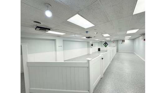 a dog daycare or kennel, featuring a large open room with white half-walls creating separate play or holding areas. The room has bright lighting and a clean, spacious layout