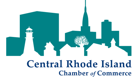 A logo for the Central Rhode Island Chamber of Commerce, featuring a teal city skyline silhouette in the background and white silhouettes of a lighthouse, houses, and a tree in the foreground